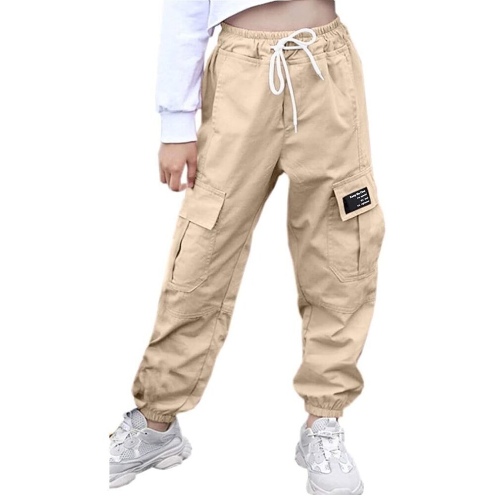 Girls Women’s Cotton Blend Cargo Jogger Pants Casual Tapered Drawstring